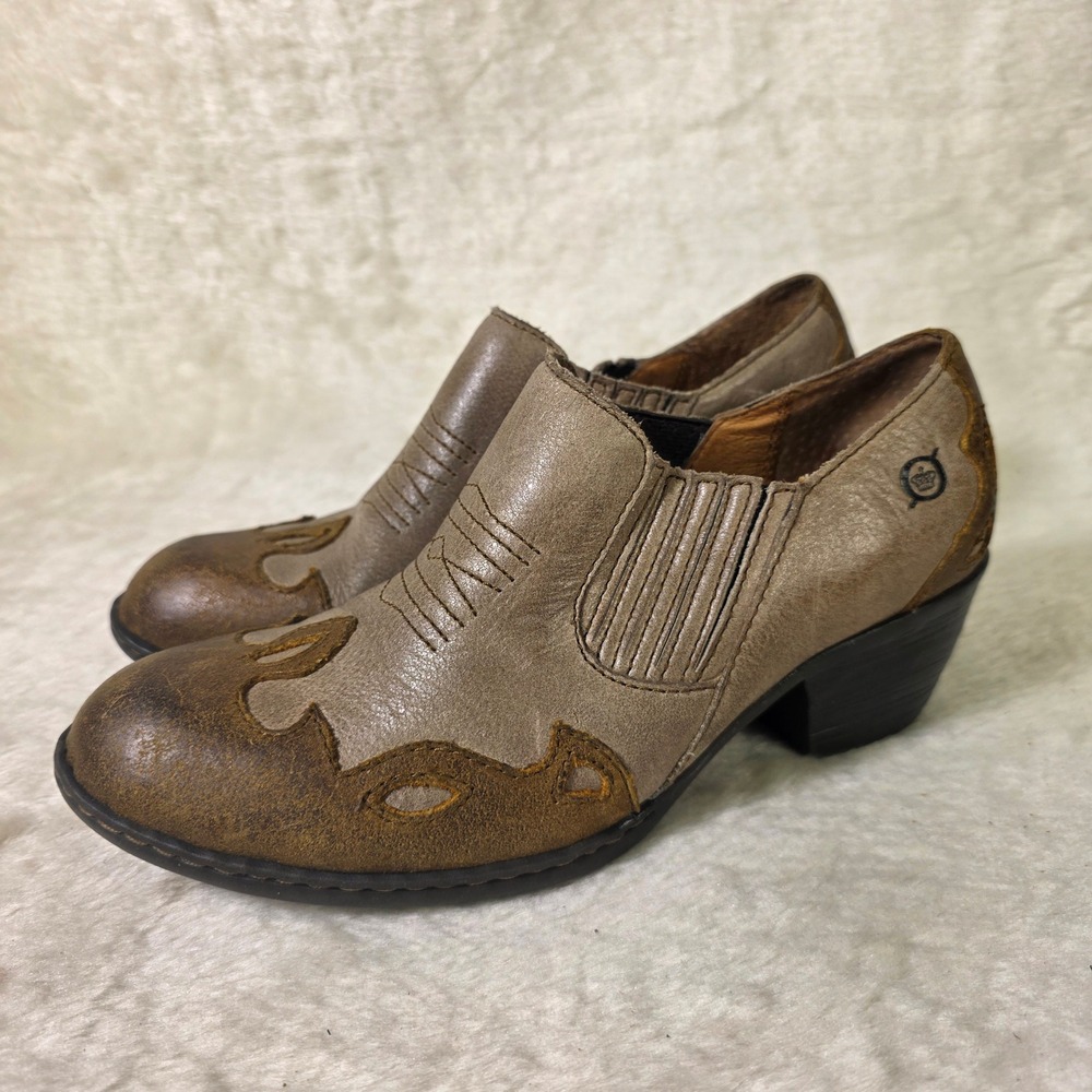 Born Leather Western Booties Shooties Boots Brown Two Tone Women 6.5 Excellent